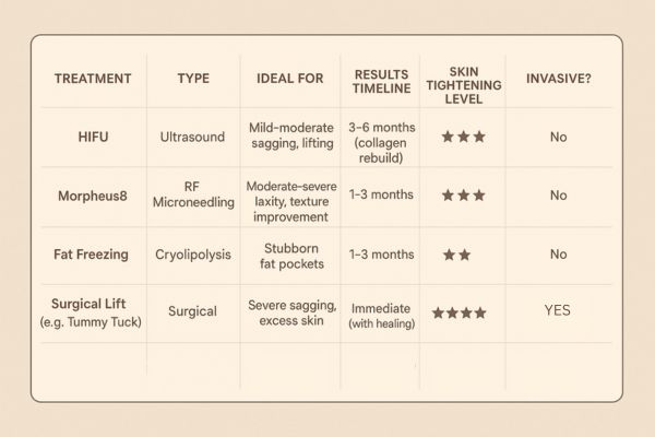 Table showing the comparisons of Skin tightening King's Heath treatment options.
